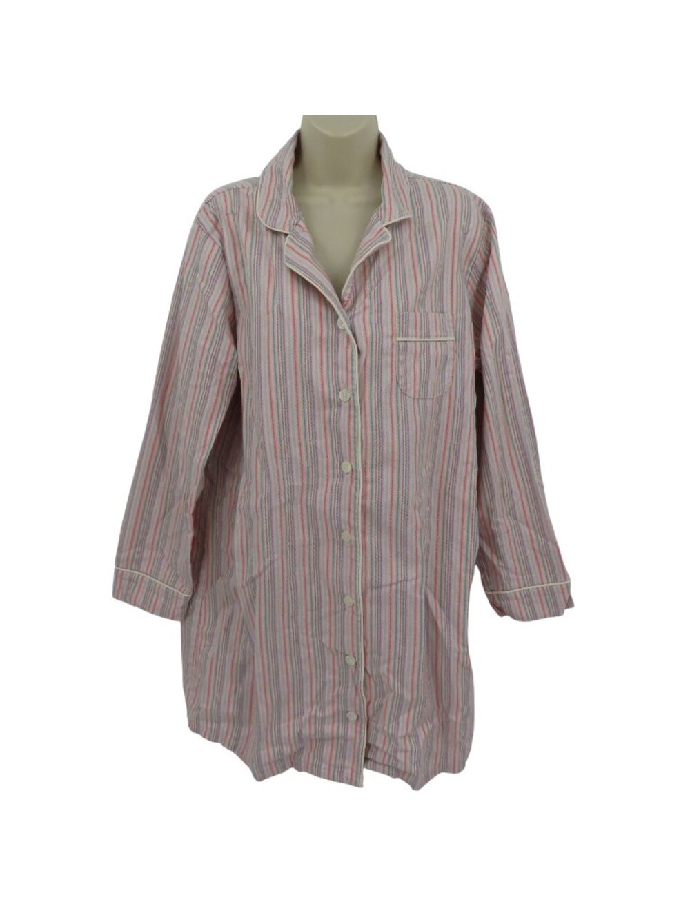 LL Bean Women Large All Cotton Multicolor Stripe Collar Button Nightgown Shirt
